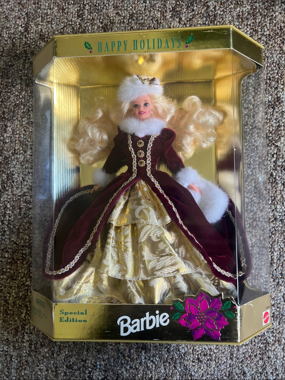 NIB 1996 Holiday Barbie Holiday Collector Doll in Burgundy Velvet & Gold